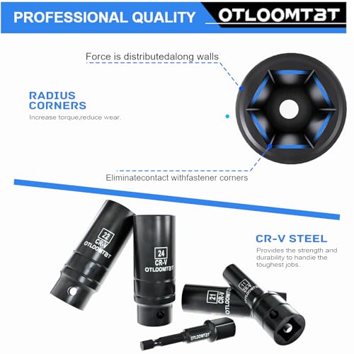 OTLOOMTBT 32PCS 1/2" Drive Impact Socket Set - Heavy Duty Industrial-Grade Deep Sockets, Metric/SAE Full Set with Extension Bar, Cr-V Steel Corrosion-Resistant Coating & Premium Storage Case