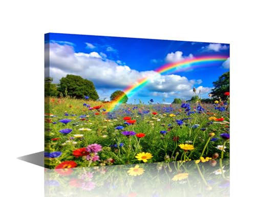 Toile fleurs sauvages grand tableau mural arc-en-ciel encadré décoration salon 30x45