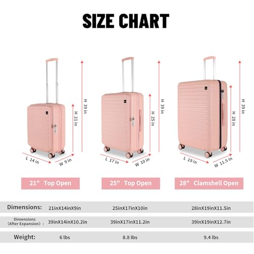 3-Piece 20/24 Top Opening Hardshell Lightweight Luggage and 28-Inch Clamshell Opening Suitcase with Spinner Wheels & TSA Locks for Woman Girls Travel, Pink 20in/24in/28in2