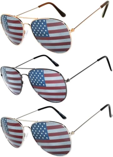 Image of OWL Set of 3 Pack Aviator Style Sunglasses Colored Metal Frame Mirror Lens Smoke Lens