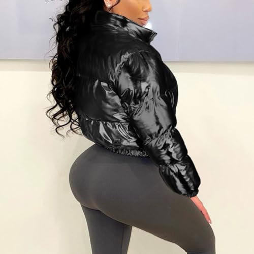 Women's Y2K Cropped Puffer Jacket Quilted Shiny Winter Bubble Padded Puffy Coats Stand Collar Zip Up Outerwear2