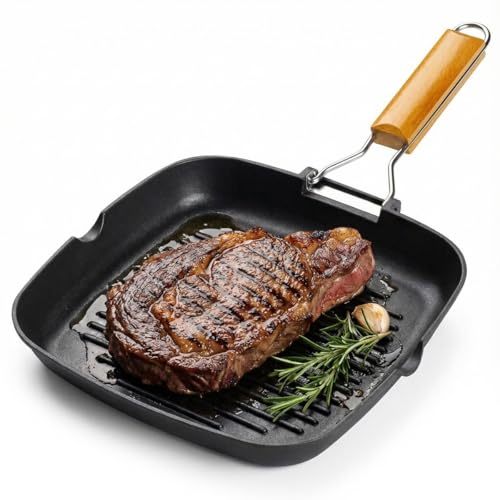 MOZZARE Nonstick Grill Pan for Stove Tops 24cm Induction Compatible Indoor BBQ Griddle Pan with Pour Spout Durable Square Grill Skillet with Handle Dishwasher Safe
