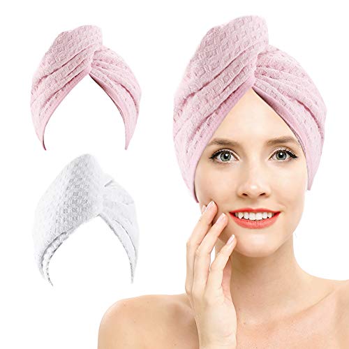 2 Pack Waffle Hair Drying Towel,Hair Towel Wrap,Hair Towel Turban to Dry Your Hair More Quicker,Lightweight and Absorbent (White &Pink)