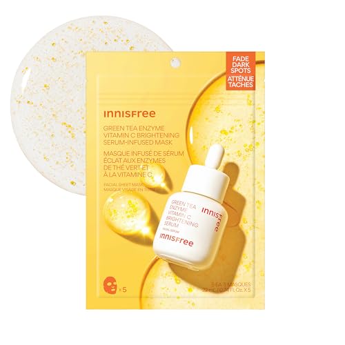 innisfree Green Tea Enzyme Vitamin C Brightening Serum-Infused Mask, 5 Pack Sheet Masks for Brightening & Glow, Ideal for Dry, Oily, & All Skin Types