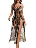 Avidlove Sexy Nightdress for Women Lace Babydoll Chemise Nightgown V Neck Teddy Nightdress Lingerie Black Leopard Print Large