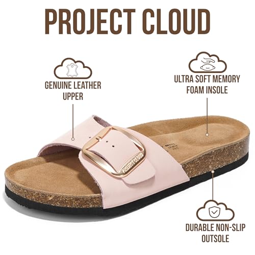 Image of Project Cloud 100% Genuine Leather Sandals Women Dressy Beach Essentials Slides for Women Footwear - Lightweight with Memory Foam Insole Sandals for Women 2026 - Womens Slides