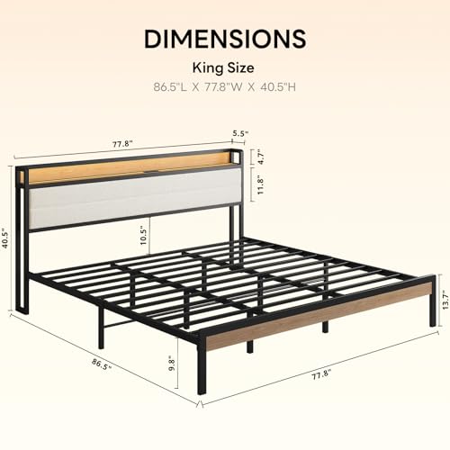 Image of LIKIMIO King Size Bed Frame, Storage Headboard with LED Lights and Charging Station, Metal Platform Bed No Box Spring Needed, Noise Free, Under Bed Storage, Natural and Cream