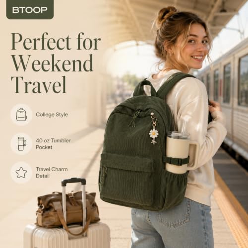 Image of BTOOP School Backpack for Teens Girls, Cute Corduroy Bookbag Lightweight 15.6 inch Laptop Bag for Women, Giant Tumbler Holder Pocket Casual High School College