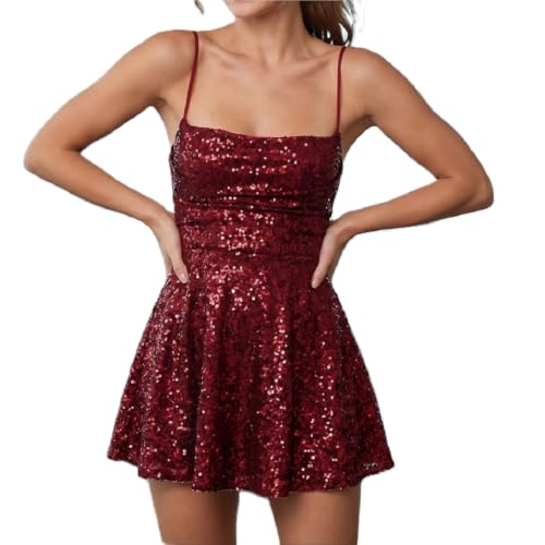 Image of FEORJGP Womens Sparkly Sequin Mini Dress Shiny Spaghetti Strap Short Dress Glitter Disco Slip Dresses Cocktail Party Clubwear