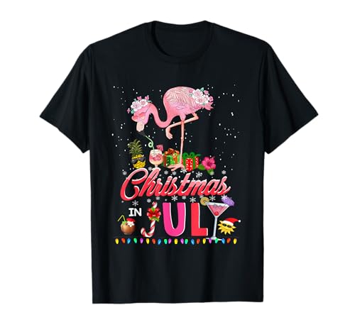 Pink Flamingo in Santa Hat Christmas In July Tees Girl Women T-Shirt