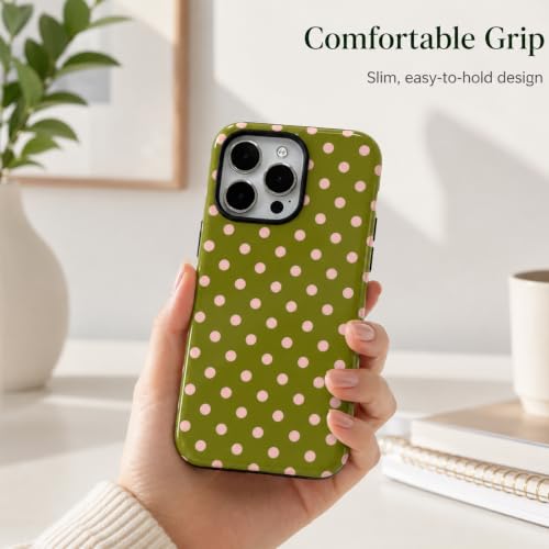 EKELYVIA Compatible with iPhone 14 Pro Max Phone Case Olive Green with Pink Polka Dots Phone Case Cute Aesthetic Dual Layer Shockproof Protective Cover for Women by EKELYVIA - Used condition - Image 7