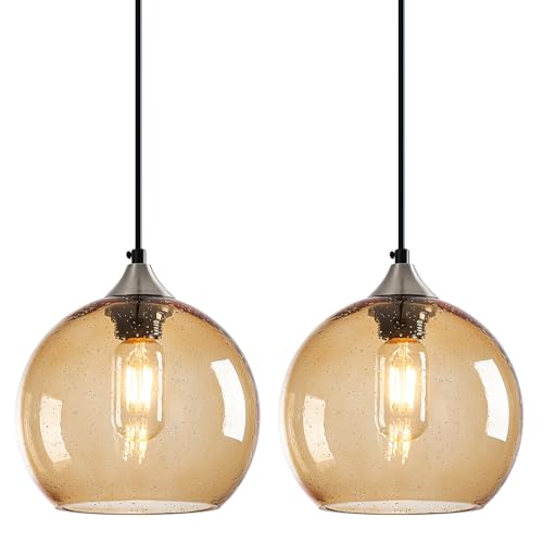 Image of Light Brown Glass Pendant Lights Kitchen Island Lighting Globe Pendant Light Fixtures Modern Pendant Lighting for Bedroom Living Dining Room Light Fixture (7.87 in, 2 Pack)
