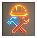 Leuchtreklame Neon-Bauhelm- Und Hammer-Schraubenschlüssel-Dekoration Für Baufirmen, Männerhöhle, Garage, Werkstatt,50cm