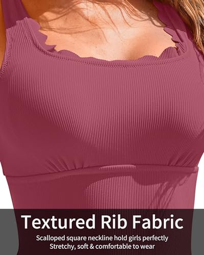 Image of Charmo Womens Scalloped One Piece Swimsuits Modest Bathing Suits | Square Neck,Ribbed,Push Up Removable Cups,Adjustable Wide Straps,Cutout Back,Beach,Pool