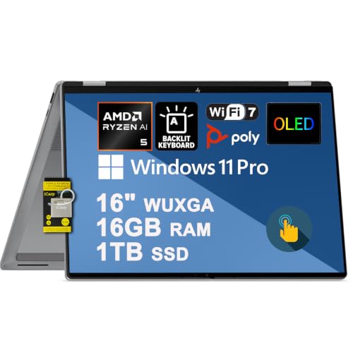 Image of HP OmniBook X Flip 16 2-in-1 Laptop 16 inch WUXGA OLED Touch 100% DCI-P3 AMD Ryzen AI 5 430 (Up to 50 Tops) 16GB RAM 1TB SSD Backlit Wi-Fi7 for Creator Designer Business Professional Win11Pro ICP Acc