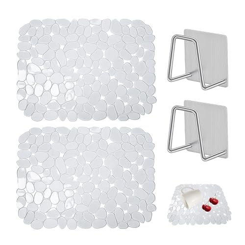 DHSBGWSX 2 alfombrillas para fregadero y escurreplatos, protección y desagüe de silicona transparente para cocina