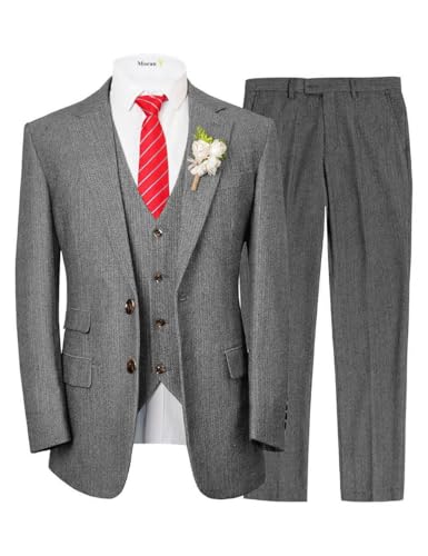 MoranX Men's Suits Formal Regular Fit 3 Piece Herringbone Tweed Wool Business Jacket Tuxedos Blazer+Vest+Pants Wedding2