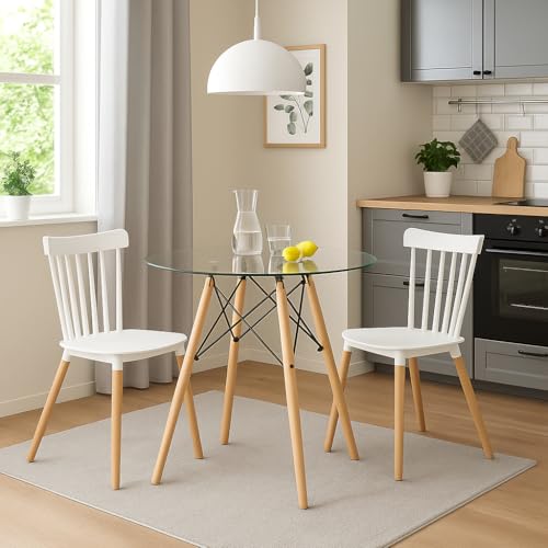 Meyvaser.com Ecommerce Company Mesa Redonda con Tapa de Cristal y Patas de Madera de Haya – 80x80x74 cm – Diseño Nórdico y Elegante con Estructura Metálica Refuerzo