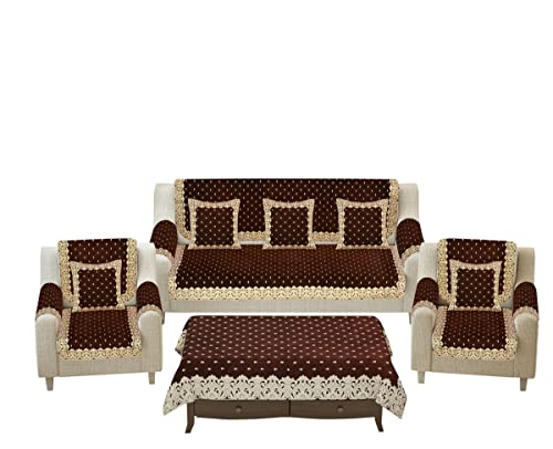 Image of Premium 5 Seater Printed Sofa Cover Set with Arm Covers and Cushion + Table Cover, 3,1,1 Seater 16 Pieces Sofa Back Slip Panels, Premium Stylish Slip Cover Protector, Coffee (Pack of 18)