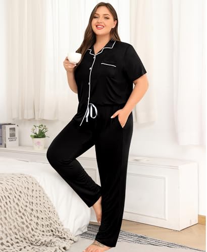 SWOMOG Women's Plus Size Pajama Set Short Sleeve Sleepwear Top and Pants Button Up Pajamas for Women Loungewear4