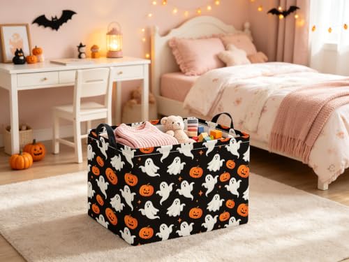 Image of Halloween Basket Cute Baskets for Kids Pumpkin Basket Rectangular Storage Bin Organizer Box Room Decor(Black Ghosts)