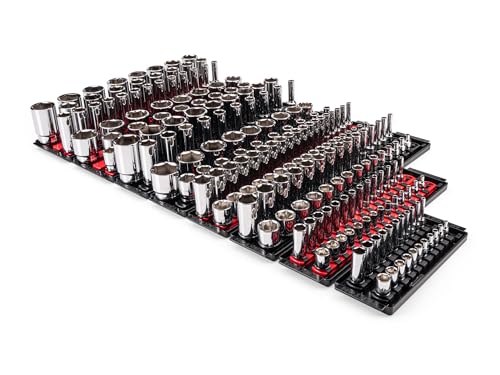 Image of TEKTON 1/4, 3/8, 1/2 Inch Drive 6-Point Socket Set with Rails and Trays (214-Piece) | SHD99202