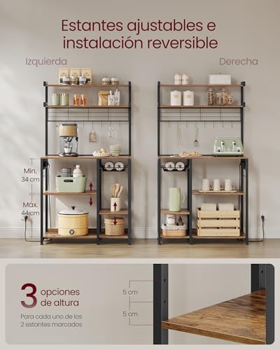 Miniatura 6 de Vasagle Estantería De Cocina Con Enchufes, Estantería De Panadería, Barra De Café, 8 Ganchos En S, Cesta, Especiero, 40 X 90 X 165,5 Cm, Marrón Rústico Y Negro Tinta Kks031k11