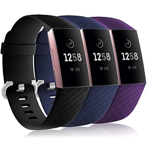 Wepro Waterproof Bands Compatible with Fitbit Charge 4 / Charge 3 / Charge 3 SE for Women Men, 3-Pack Replacement Wristbands for Fitbit Charge 3 / Charge 4, Small, Black, Navy Blue, Plum