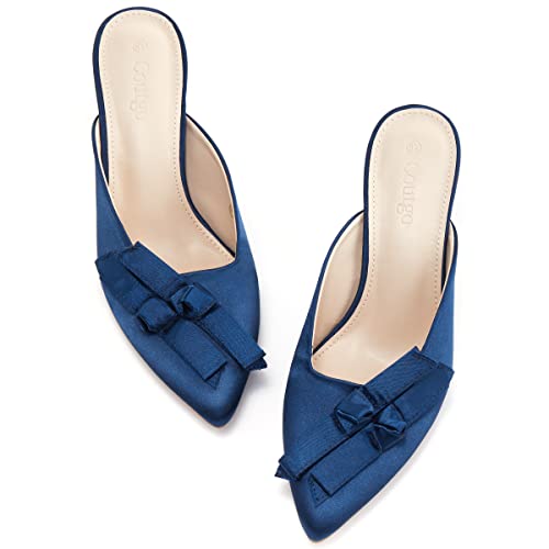 Coutgo Womens Pointed Toe Bow Mules Low Kitten Heels Slip On Backless Sandals Office Party Dress Slides Shoes #TOP20