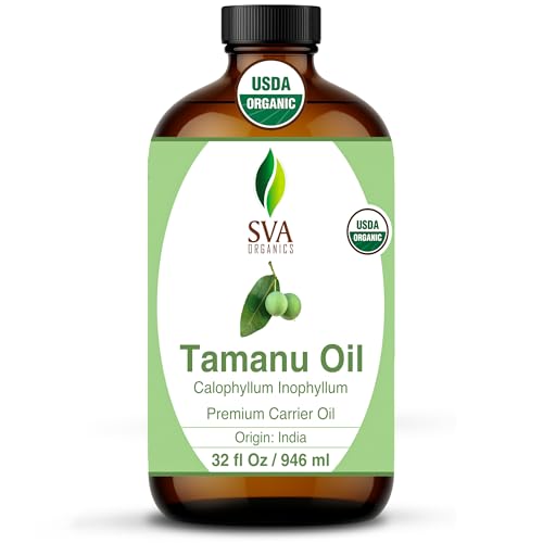 Image of SVA Organic Tamanu Seed Carrier Oil, Huge Glass Bottle, 32 Fl Oz (946 ml) | Tamanu Oil for Face Care, Skin Care, Facial Oil, Hair Care, Scalp Massage, Body Massage, Dilution & DIY Beauty Blends