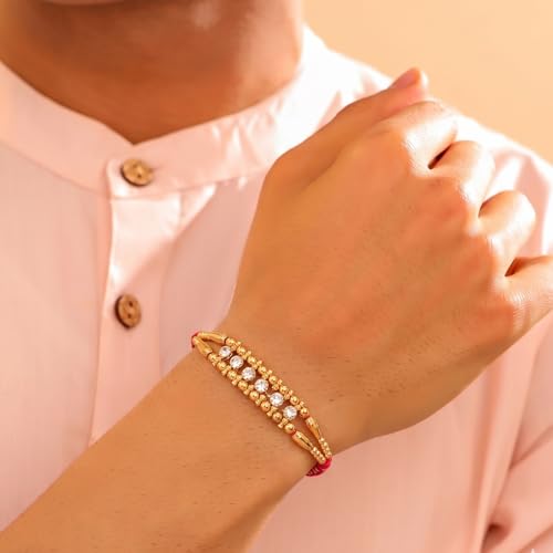 Image of Peora Om Shree Ram Swastik Rakhi for Brother Bhaiya | Crystal & Beads Studded | Red Thread | Raksha Bandhan Hamper with Roli Chawal Greeting Card