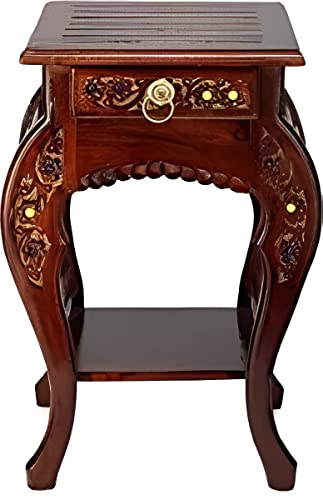 Image of Multipurpose Table Outdoor Indoor Stool Flower Vase Stool with One Drawer Material Mango Wood Size 30.5CM x 30.5CM x 53.3CM