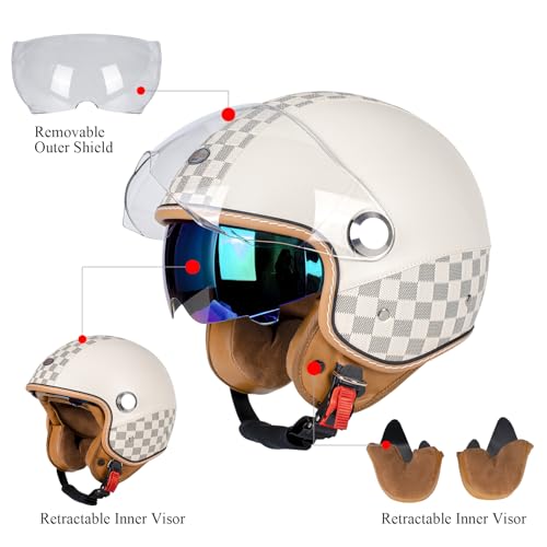 QUICKOOL Dual Visor 3/4 Open Face Motorcycle Helmet for Men & Women, DOT Approved Unisex Retro Half Helmet，Motorbike Casco for Moped Cruiser Bobber and Chopper (Short Outer Shield,L) by quickool - Image 5