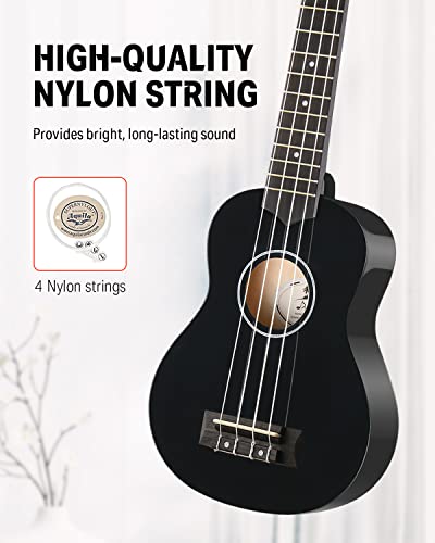 Image of Donner Soprano Ukulele for Beginners 21 Inch Ukelele Starter Bundle Kit with Free Online Lessons Bag Strap String Tuner Picks Cloth Ukalalee Yukalalee (Black)