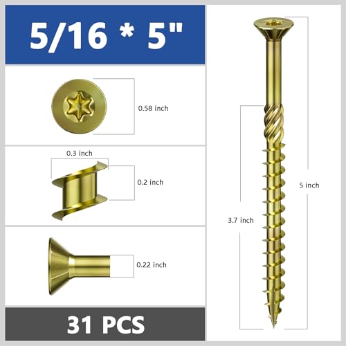 Image of Wensilon 5 /16 * 5 inch Yellow Zinc Deck Screws, (31pcs) 2 lbs.Exterior Wood Screws, Bronze, Star Bit