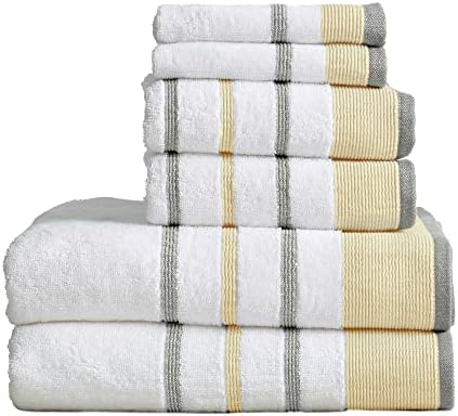 Great Bay Home 6-Piece Luxury Hotel/Spa Cotton Striped Towel Set, 500 GSM. Includes Bath Towels, Hand Towels and Washcloths. Noelle Collection by Brand. (Gold/Grey)