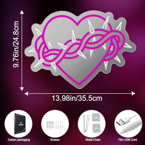 Image of Thorns Heart Neon Mirror Sign, Gothic LED Neon Sign Wall Decor USB Powered Dimmable Light for Bedroom Bathroom, Neon Signs for Wall Decor Gothic Gift 13.97 inch x 9.78 inch