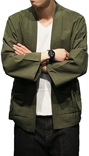 Men's Cotton Blends Linen Open Front Cardigan Embroidery Kimono Jackets