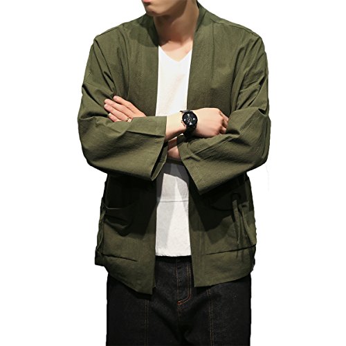 Men's Cotton Blends Linen Open Front Cardigan Embroidery Kimono Jackets