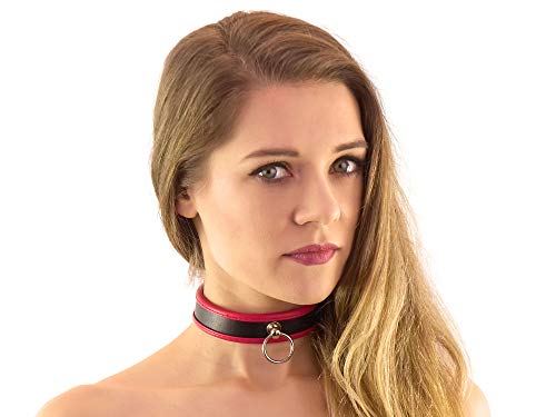 Halsfessel mit Ring der O schwarz rot Slave Halsband schmal Bondage Leder Style (rot-schwarz)
