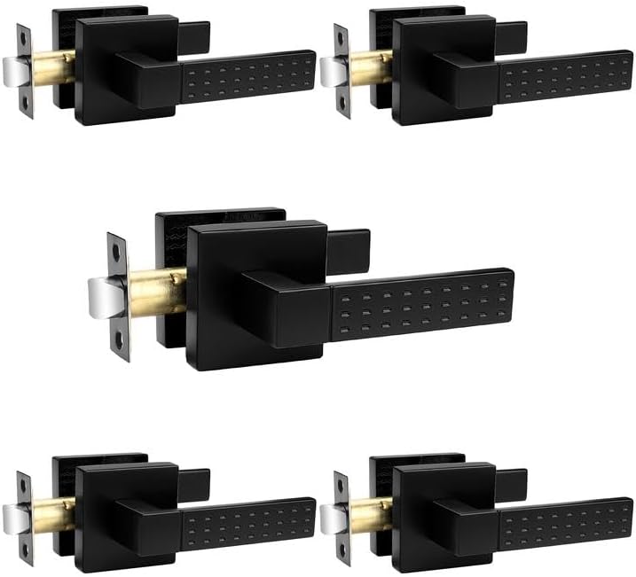Probrico Square Passage Interior Keyless Door Handle, Heavy Duty Door Knobs for Hall and Closet Doors, Non-Slip Grip Levers for Right/Left Handed Doors, Matt Black, 5 Pack