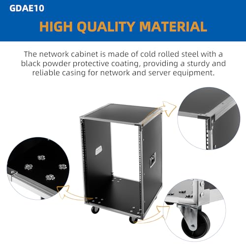 16U Portable Rolling Network Rack, Cabinet Rolling Server Rack with Built-in Handles Swivel Caster Wheels Network Rack Open Frame Audio Studio Video Telecom Equipment Rack 220lbs Capacity Black