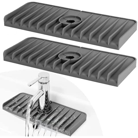 Sink Splash Guard, Silicone Faucet Water Catcher Mat, Sink Draining Pad behind Faucet, Drip Protector Splash Countertop Protection, Self Draining Faucet Mat for Kitchen, Bathroom, Dark Grey Cover