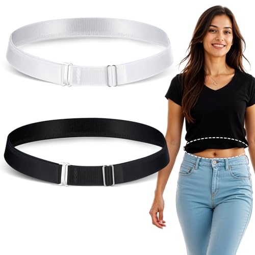 2PCS Adjustable Elastic Belts for Women, Shirt Tuck Band Women Tucky Belt Crop Tuck Band Perfect for Cropping Shirts, Sweaters, and More (Black & White)