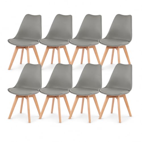 EGGREE Lot de 8 Chaises Salle à Manger Scandinaves Chaises de Cuisine, Rétro Tulip Rembourrée Chaise de Salle de Bureau, Pieds en Bois de Hêtre Massif, Gris
