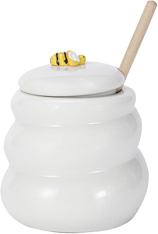PRETYZOOM Honey Container with Wooden Dipper, 400ml Honey Pot with Dipper, Porcelain Honey Jar Honey Dispenser Bee Honey Container Set for Kitchen