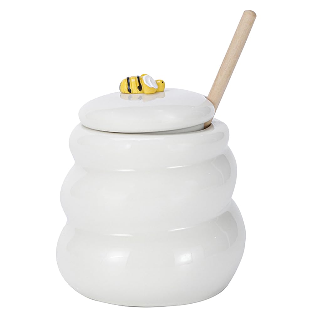 PRETYZOOM Honey Container with Wooden Dipper, 400ml Honey Pot with Dipper, Porcelain Honey Jar Honey Dispenser Bee Honey Container Set for Kitchen