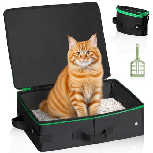 Foldable Cat Litter Tray for Travel, Portable cat litter box with Lid and Scoop Waterproof Collapsible Kitty Carrier for Kittens, Rabbit, Cars, Camping