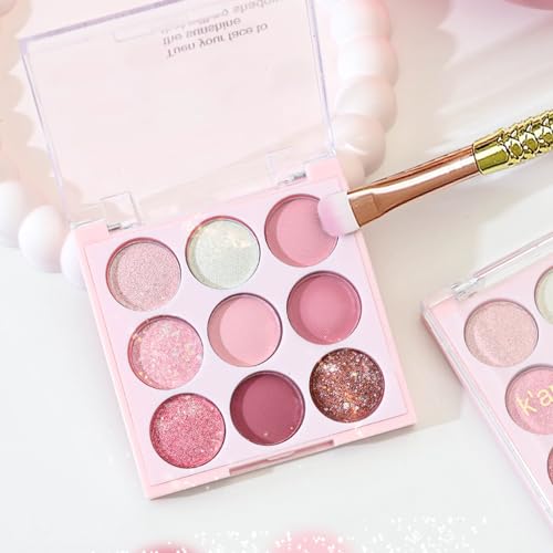 Pink Eyeshadow Palette Make-Up Palettes, Shimmer Eye Shadow Pallets for Women, Glitter Eyeshadow 9 Colour Nude Natural, Waterproof Long Lasting Highly Pigmented with Brush - Image 3