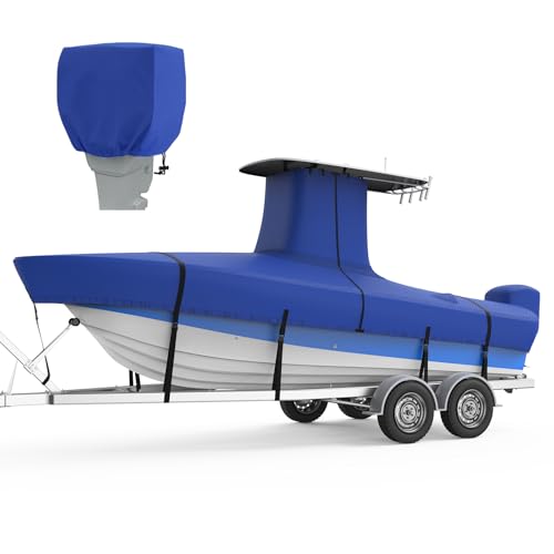 RVMasking Upgraded 1200D T-Top Boat Cover 100% Waterproof Heavy Duty Tear-Resistant Polyester with Motor Cover for Center Console Boat with T TOP Roof, 20'-22' Long Beam Width up to 106", Blue